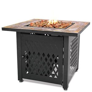 Endless Summer 30 Inch Square 30,000 BTU LP Gas Outdoor Firepit Table with Slate Tile Mantel, Diamond Design Steel Base, Lava Rock, and Cover, Brown