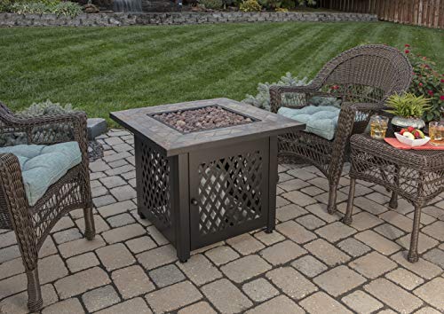 Endless Summer 30 Inch Square 30,000 BTU LP Gas Outdoor Firepit Table with Slate Tile Mantel, Diamond Design Steel Base, Lava Rock, and Cover, Brown