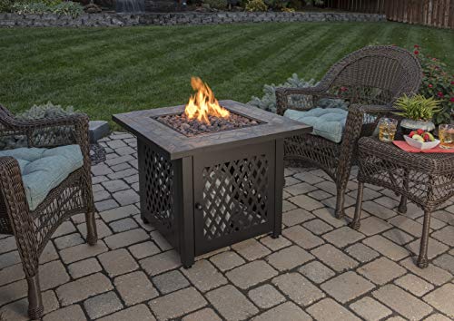 Endless Summer 30 Inch Square 30,000 BTU LP Gas Outdoor Firepit Table with Slate Tile Mantel, Diamond Design Steel Base, Lava Rock, and Cover, Brown