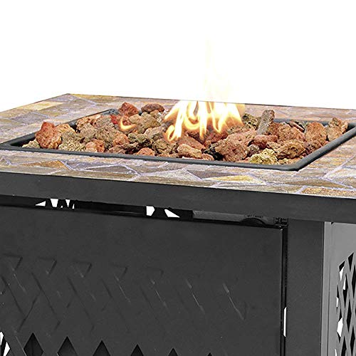 Endless Summer 30 Inch Square 30,000 BTU LP Gas Outdoor Firepit Table with Slate Tile Mantel, Diamond Design Steel Base, Lava Rock, and Cover, Brown