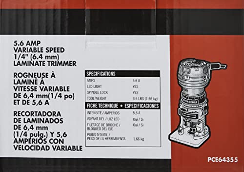 PORTER-CABLE Porter Cable Router, Variable Speed, 1/4-Inch Laminate Trimmer, 5.6-Amp (PCE6435)