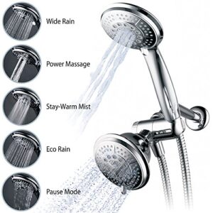 Hydroluxe 1433 Handheld Showerhead & Rain Shower Combo. High Pressure 24 Function 4" Face Dual 2 in 1 Shower Head System with Stainless Steel Hose, Patented 3-way Water Diverter in All-Chrome Finish