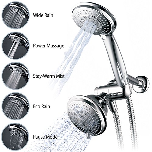 Hydroluxe 1433 Handheld Showerhead & Rain Shower Combo. High Pressure 24 Function 4" Face Dual 2 in 1 Shower Head System with Stainless Steel Hose, Patented 3-way Water Diverter in All-Chrome Finish