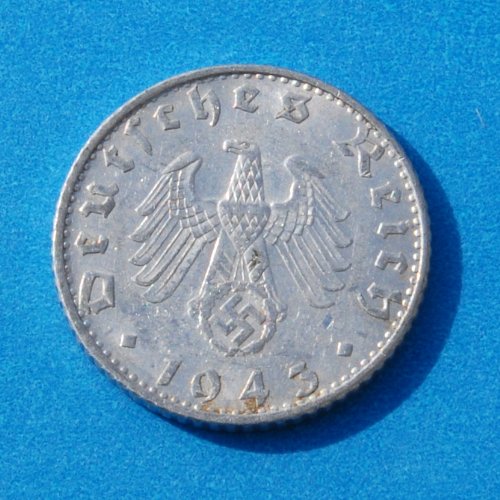 Germany 1943-B (Nazi Germany WWII) 50 German Reichspfennig Swastika Coin 3rd Reich