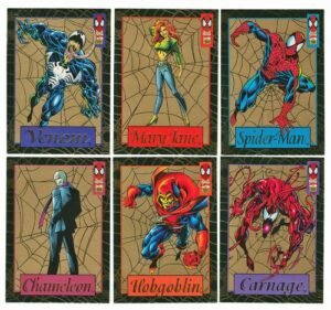 spiderman 1994 gold web complete set of 6 rare gold foil chase cards from 1994 fleer spiderman jumbo packs. includes # 1 of 6 - venom 2 of 6 - mary jane 3 of 6 - spider-man 4 of 6 - chameleon 5 of 6 - hobogoblin 6 of 6 - carnage