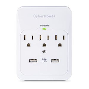 cyberpower csp300wur1 professional surge protector, 600j/125v, 3 outlets, 2 usb charge ports (2.1 amps shared) wall tap plug