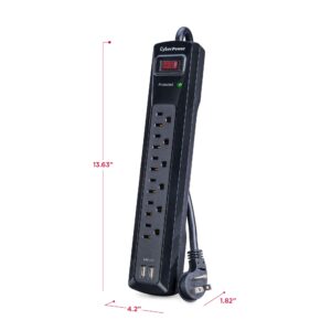 CyberPower CSP604U Professional Surge Protector, 1200J/125V, 6 Outlets, 2 USB Charge Ports, 4ft Power Cord, Black