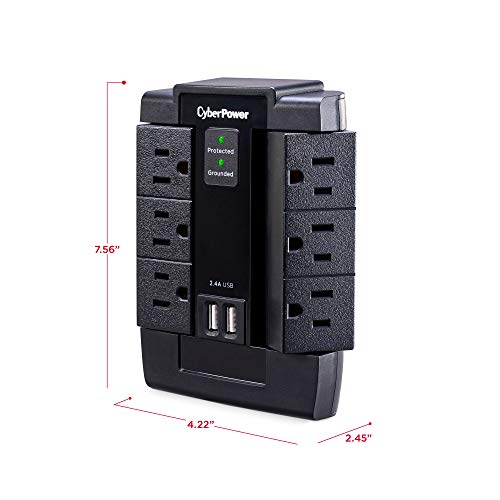 CyberPower CSP600WSU Surge Protector, 1200J/125V, 6 Swivel Outlets, 2 USB Charging Ports, Wall Tap Design, Black