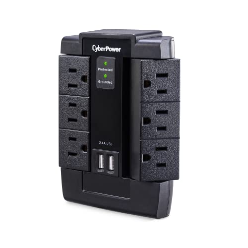 CyberPower CSP600WSU Surge Protector, 1200J/125V, 6 Swivel Outlets, 2 USB Charging Ports, Wall Tap Design, Black