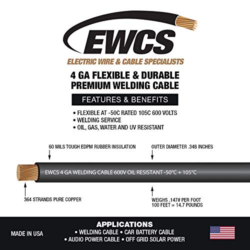 EWCS 4 Gauge Premium Extra Flexible Welding Cable 600 Volt - Black - 25 Feet - Made in The USA