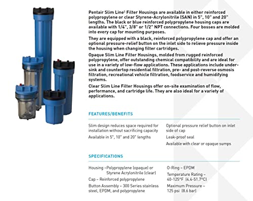 Pentair Pentek 158008 Traditional Slim Line Filter Housing, 3/8" NPT #10 Under Sink Clear Water Filter Housing, 10-Inch, Clear