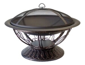 hiland ft-022 wood burning fire pit w/wood grate and domed mesh screen lid w/poker included, round, antiqued black