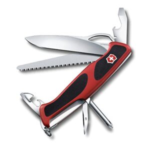 victorinox ranger 78 m grip swiss army knife, 12 function swiss made pocket knife with large lock blade, tweezers and wood saw – red/black