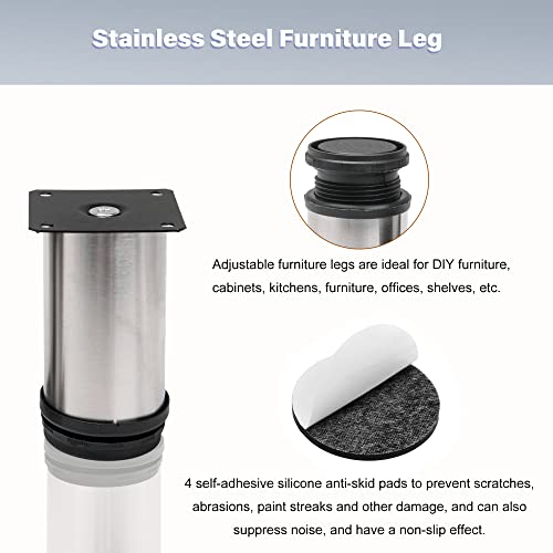 BQLZR Stainless Steel Kitchen Adjustable Feet Round 2" Dia Furniture Leg with 16 Screws and a Screwdriver Pack of 4