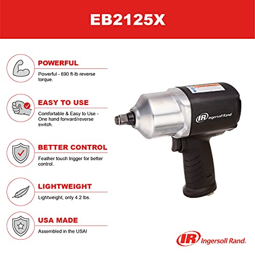 Ingersoll Rand Edge Series EB2125X 1/2" Composite Air Impact Wrench, 690 ft lbs Max Reverse Torque, Lightweight, One Hand Forward/Reverse Switch, Black Silver