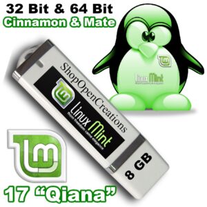 Linux Mint 17 "Qiana" 32 Bit and 64 Bit Installed on 8 Gb USB Flash Drive - Cinnamon and Mate Desktops Included -- DVD Bonus Material Included