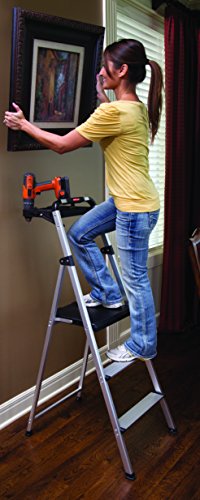 Rubbermaid RM-SLA3-T 3-Step Lightweight Aluminum Folding Step Ladder with Project Tray, 225 lb Capacity, Gray