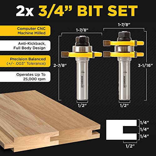 YONICO Tongue and Groove Router Bits Set for 3/4-Inch Stock 1/2-Inch Cutting Depth 1/4-Inch Tongue 2 Bit 1/2-Inch Shank 15221