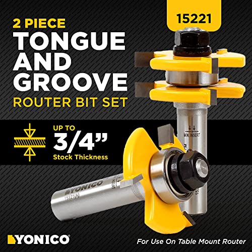 YONICO Tongue and Groove Router Bits Set for 3/4-Inch Stock 1/2-Inch Cutting Depth 1/4-Inch Tongue 2 Bit 1/2-Inch Shank 15221