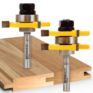 yonico tongue and groove router bits set up to 3/4-inch stock 1/2" cutting depth 2 bit set 1/4-inch shank for edge-to-edge hardwood flooring, paneling, cabinet door, plywood sheathing 15221q