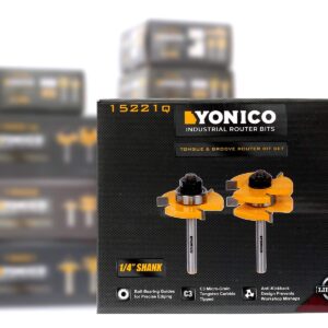 YONICO Tongue and Groove Router Bits Set Up to 3/4-Inch Stock 1/2" Cutting Depth 2 Bit Set 1/4-Inch Shank for Edge-to-Edge Hardwood Flooring, Paneling, Cabinet Door, Plywood Sheathing 15221q