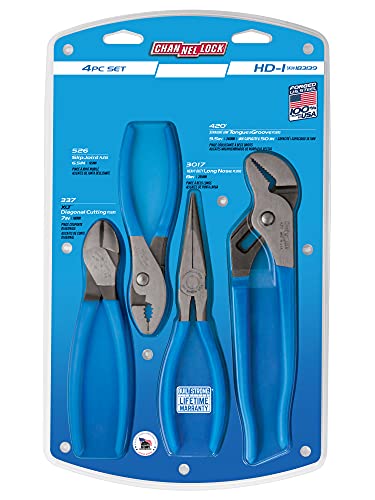 CHANNELLOCK HD-1 Ultimate 4-Piece Pliers Set | Made in USA | Forged High Carbon Steel | Includes Tongue & Groove, Diagonal Cutting, Long Nose and Slip Joint Pliers