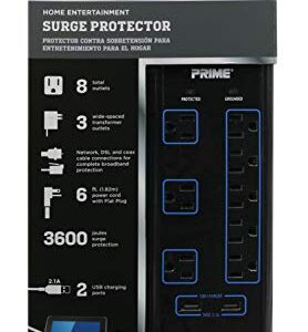 Prime Wire & Cable PB523118 8-Outlet Premium Electronics Surge Protector with 14/3 SJT 6-Feet Cord, Black