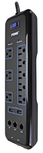 Prime Wire & Cable PB523118 8-Outlet Premium Electronics Surge Protector with 14/3 SJT 6-Feet Cord, Black