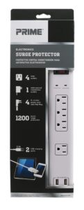 prime wire & cable pb505104 4-outlet electronics surge protector with 14/3 sjt 4-feet cord and usb charger, white