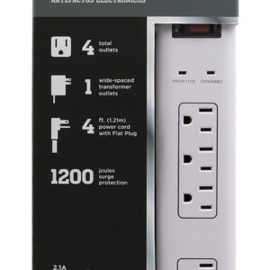 Prime Wire & Cable PB505104 4-Outlet Electronics Surge Protector with 14/3 SJT 4-Feet Cord and USB Charger, White