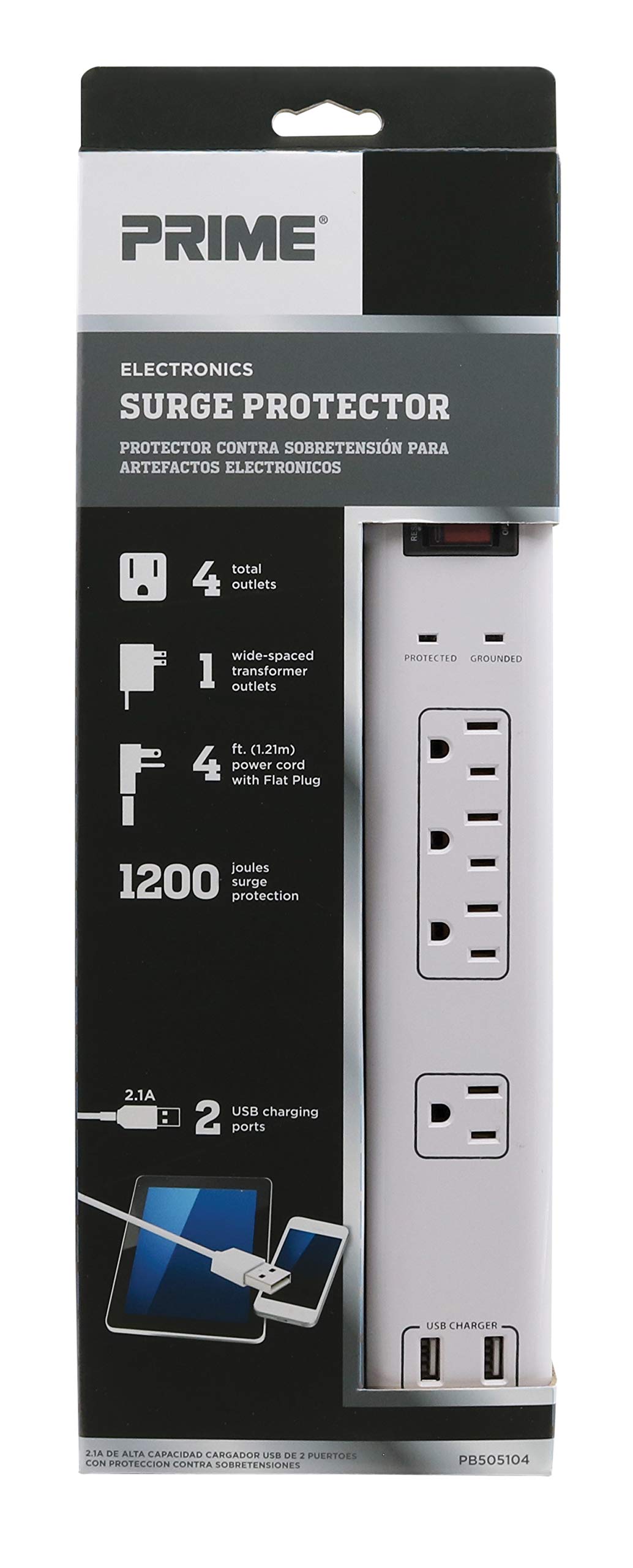 Prime Wire & Cable PB505104 4-Outlet Electronics Surge Protector with 14/3 SJT 4-Feet Cord and USB Charger, White