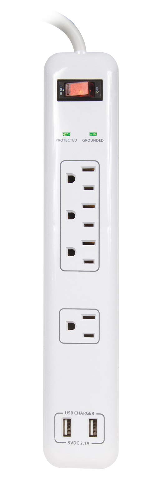 Prime Wire & Cable PB505104 4-Outlet Electronics Surge Protector with 14/3 SJT 4-Feet Cord and USB Charger, White