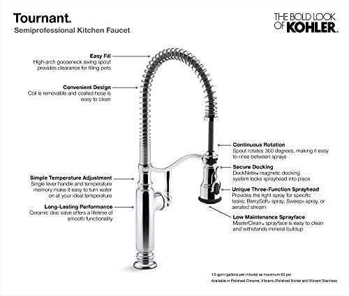 KOHLER 77515-VS Tournant Semi-Professional Pull-Down Kitchen Sink Faucet, Standard, Vibrant Stainless Steel