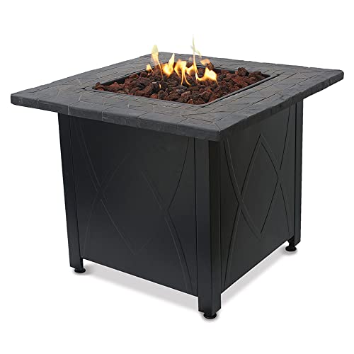 Endless Summer 30 Inch 30,000 BTU LP Gas Outdoor Propane Gas Lava Rock Patio Space Fire Pit Table with Slate Tile Mantel, Brown