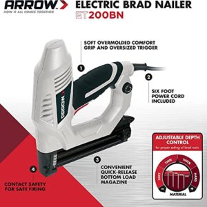 Arrow ET200BN Heavy Duty Electric Brad Nailer, Professional Nail Gun for Trim, Picture Frames, Crafts, Fencing, Uses Brad Nails in 5/8-Inch, 3/4-Inch, 1-Inch, and 1-1/4-Inch