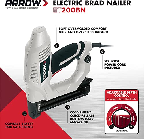 Arrow ET200BN Heavy Duty Electric Brad Nailer, Professional Nail Gun for Trim, Picture Frames, Crafts, Fencing, Uses Brad Nails in 5/8-Inch, 3/4-Inch, 1-Inch, and 1-1/4-Inch