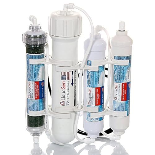 LiquaGen 4 Stage Reverse Osmosis and Deionization (RO/DI) Portable Space Saver Water Purification System | Water Filtration System for Aquarium Filter Processes + Manual Flush Valve (50 GPD)