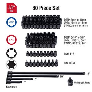 Sunex 3580, 3/8 Inch Drive Master Impact Socket Set, 80 Piece, SAE/Metric, 5/16 Inch - 3/4 Inch, 8mm - 19mm, Standard/Deep/Universal, Cr-Mo, Radius Corner, Chamfered Opening, Dual Size Markings, Heavy Duty Storage Case, Includes Star and Inverted Star Soc