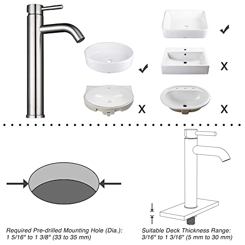 Aquaterior Single Handle Vessel Sink Faucet 12 inch Tall Bathroom Sink Faucet Hot and Cold Water Mixer Stainless Steel Single Hole Faucet Brushed Nickel (CUPC NSF CEC)