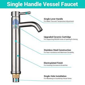 Aquaterior Single Handle Vessel Sink Faucet 12 inch Tall Bathroom Sink Faucet Hot and Cold Water Mixer Stainless Steel Single Hole Faucet Brushed Nickel (CUPC NSF CEC)