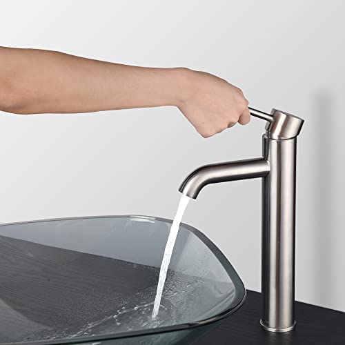 Aquaterior Single Handle Vessel Sink Faucet 12 inch Tall Bathroom Sink Faucet Hot and Cold Water Mixer Stainless Steel Single Hole Faucet Brushed Nickel (CUPC NSF CEC)