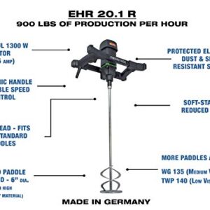 CS Unitec EHR 20.1 R Set Portable Hand-Held Electric Concrete Mixer Including MG 140 Paddle, 10.5 Amp, 110 VAC, 900 lb. per Hour