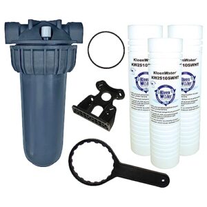 kleenwater hot water filter (1), mounting bracket (1), 5 micron high temp cartridges (3) with scale inhibitor, spare oring (1), filter wrench (1), multi-pack