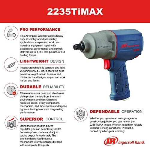 Ingersoll Rand 2235TiMAX 1/2” Drive Air Impact Wrench – Lightweight 4.6 lb Design, Powerful Torque Output Up to 1,350 ft-lbs, Titanium Hammer Case, Max Control, Gray