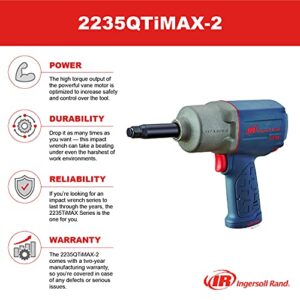 Ingersoll Rand 22235QTiMAX-2 1/2” Drive Air Impact Wrench with 2" Extended Anvil and Quiet Technology, 1,300 ft/lbs Powerful Torque Output, Lightweight, Titanium Hammer Case, Gray