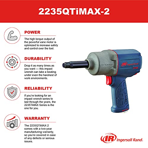 Ingersoll Rand 22235QTiMAX-2 1/2” Drive Air Impact Wrench with 2" Extended Anvil and Quiet Technology, 1,300 ft/lbs Powerful Torque Output, Lightweight, Titanium Hammer Case, Gray