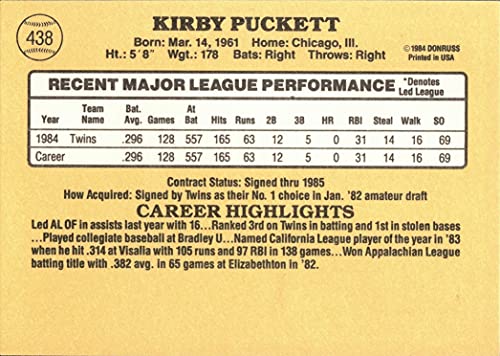 1985 Donruss Baseball #438 Kirby Puckett Rookie Card