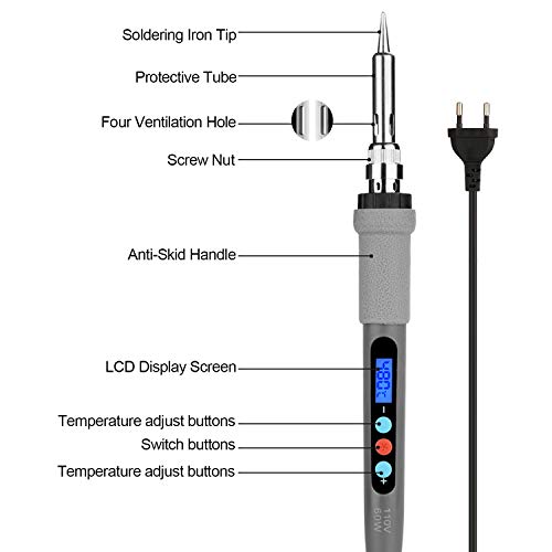 Welding Soldering Iron with Thermostatic Digital-Controlled and LCD Screen Display, 60 W Temperature Adjustable 180℃/356℉-480℃/896℉ with 5 PCS Soldering Bits, 2 Soldering Iron Stands & 1 Sponge