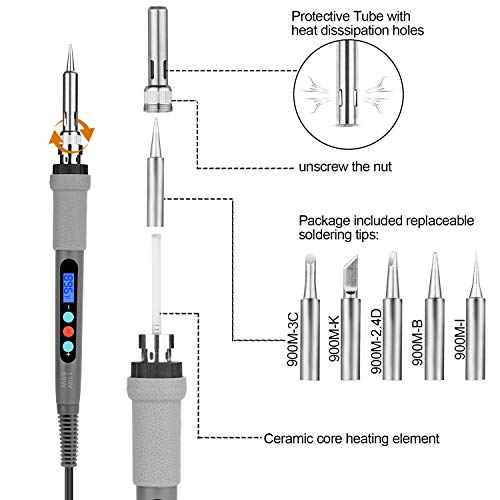 Welding Soldering Iron with Thermostatic Digital-Controlled and LCD Screen Display, 60 W Temperature Adjustable 180℃/356℉-480℃/896℉ with 5 PCS Soldering Bits, 2 Soldering Iron Stands & 1 Sponge