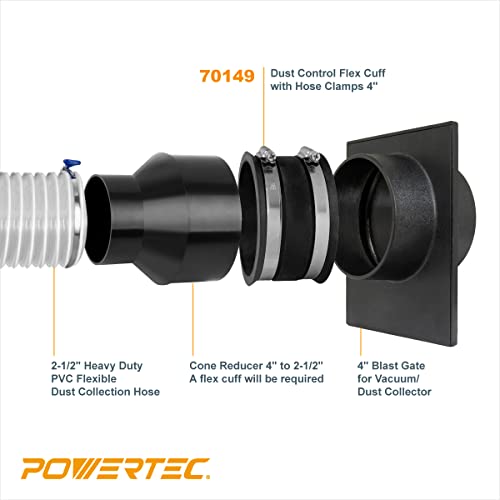 POWERTEC 70149 4 Inch Dust Control Flex Cuff with Steel Hose Clamps, Hose Connector Rubber Cuff Coupler for Woodworking Dust Collection Fittings, Dust Collector Accessories & Machinery, 1 pack